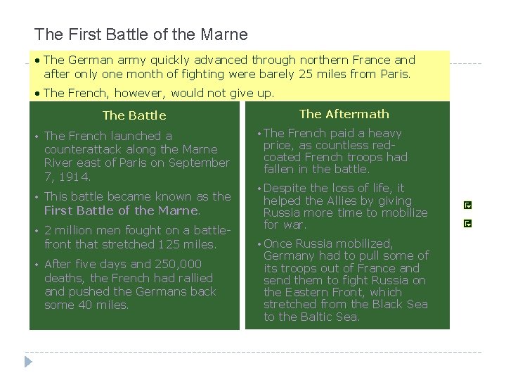 The First Battle of the Marne • The German army quickly advanced through northern