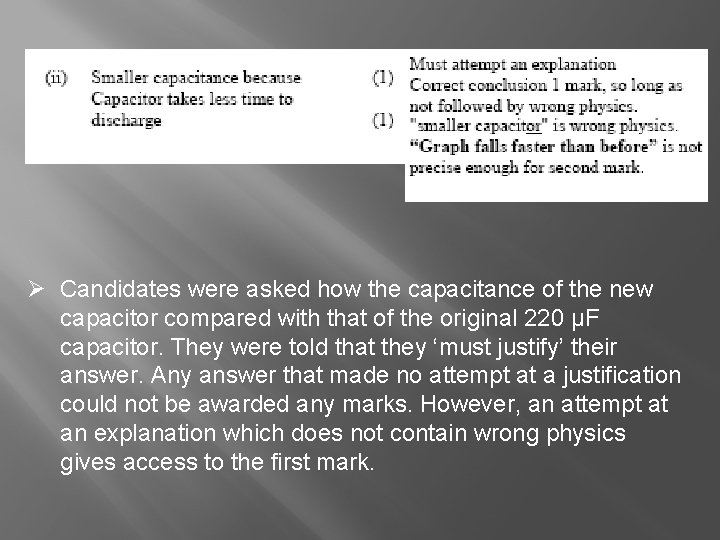 Ø Candidates were asked how the capacitance of the new capacitor compared with that