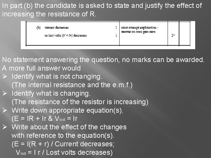 In part (b) the candidate is asked to state and justify the effect of
