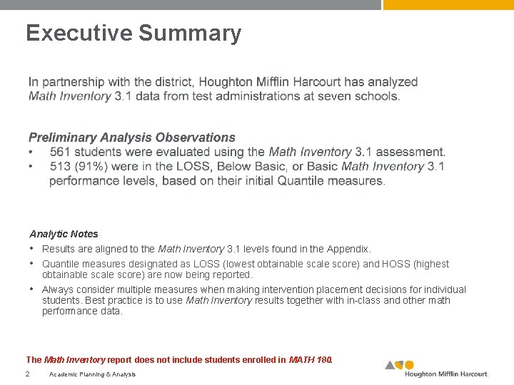 Executive Summary Analytic Notes • Results are aligned to the Math Inventory 3. 1