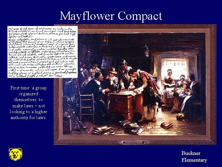 Mayflower Compact First time a group organized themselves to make laws – not looking