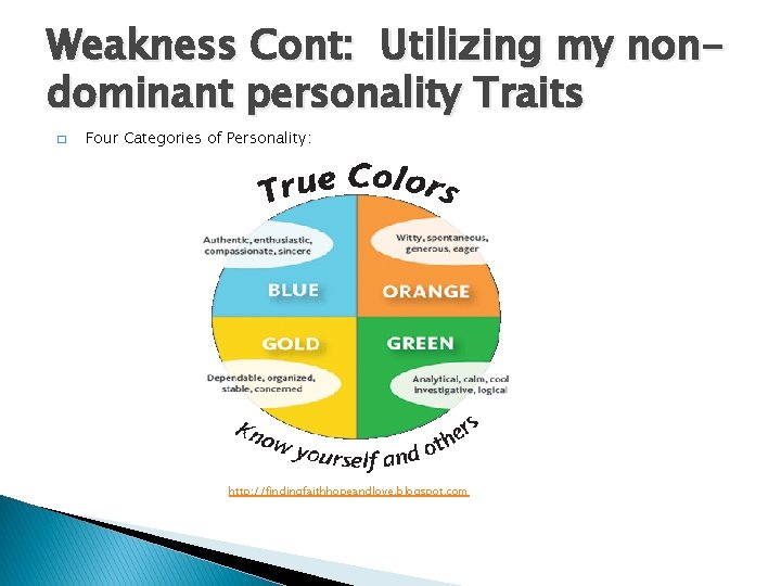 Weakness Cont: Utilizing my nondominant personality Traits � Four Categories of Personality: http: //findingfaithhopeandlove.