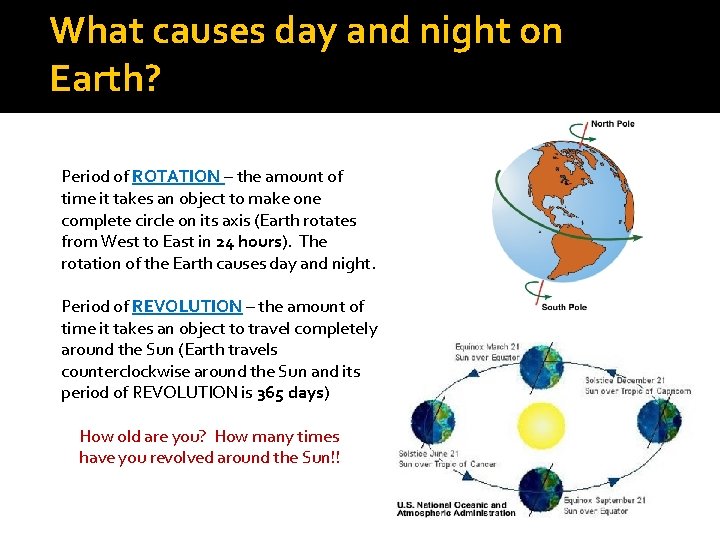 What causes day and night on Earth? Period of ROTATION – the amount of