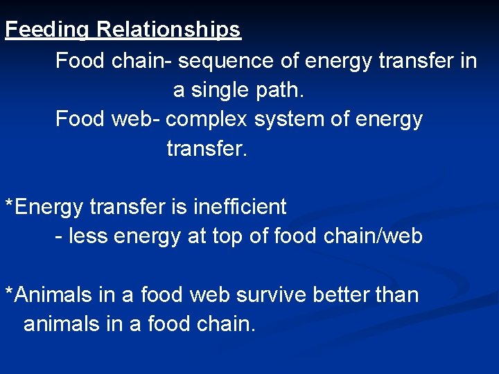 Feeding Relationships Food chain- sequence of energy transfer in a single path. Food web-