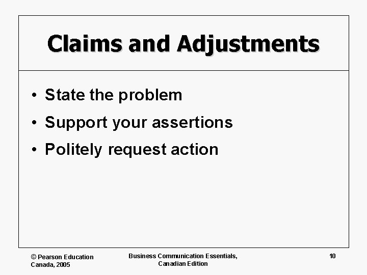Claims and Adjustments • State the problem • Support your assertions • Politely request