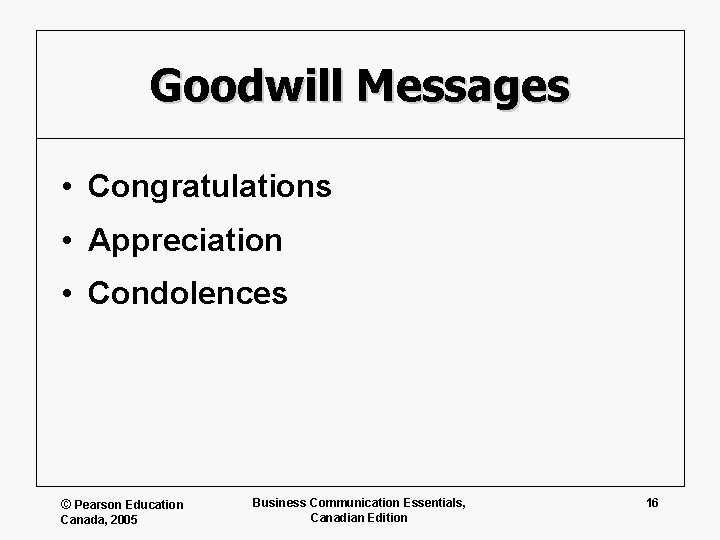 Goodwill Messages • Congratulations • Appreciation • Condolences © Pearson Education Canada, 2005 Business
