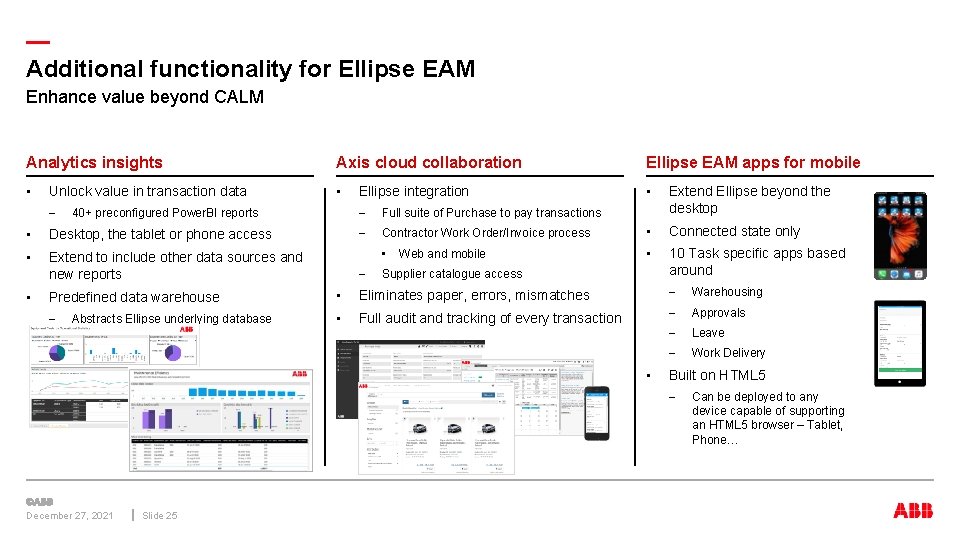 — Additional functionality for Ellipse EAM Enhance value beyond CALM Analytics insights Axis cloud — Additional functionality for Ellipse EAM Enhance value beyond CALM Analytics insights Axis cloud