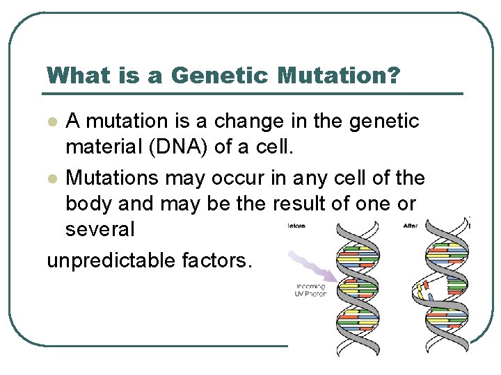 What is a Genetic Mutation? A mutation is a change in the genetic material