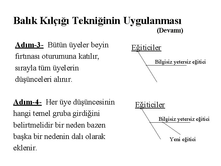 Balık Kılçığı Tekniğinin Uygulanması (Devamı) Adım-3 - Bütün üyeler beyin fırtınası oturumuna katılır, sırayla