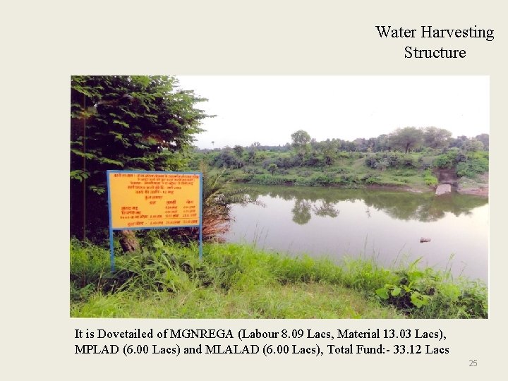 Water Harvesting Structure It is Dovetailed of MGNREGA (Labour 8. 09 Lacs, Material 13.