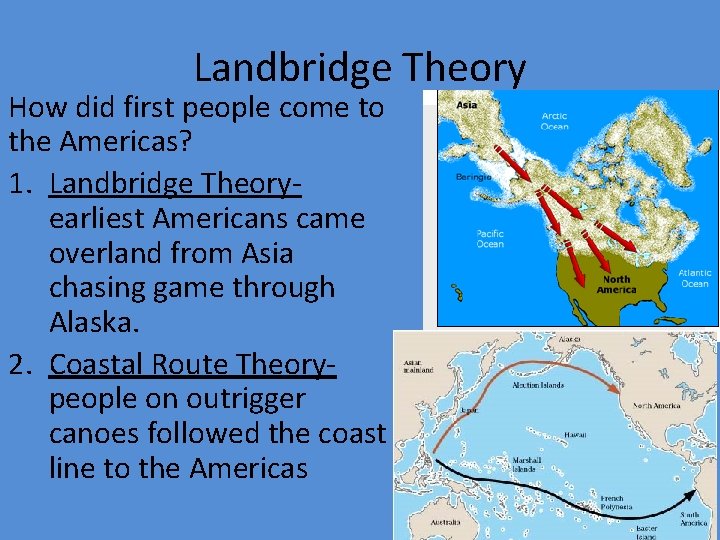 Landbridge Theory How did first people come to the Americas? 1. Landbridge Theoryearliest Americans