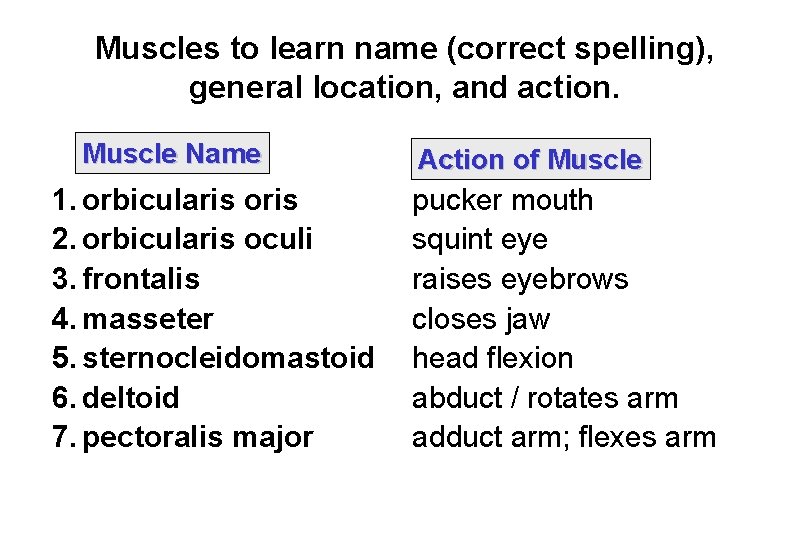 Muscles to learn name (correct spelling), general location, and action. Muscle Name 1. orbicularis