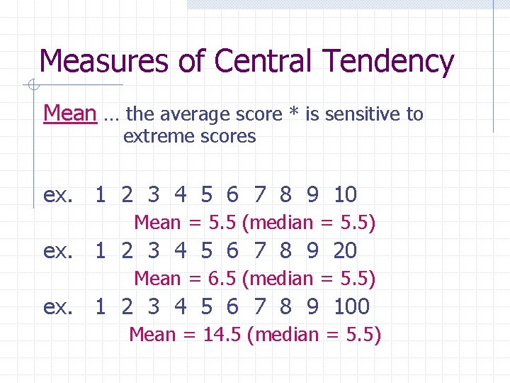 Measures of Central Tendency Mean … the average score * is sensitive to extreme