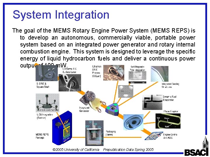 System Integration The goal of the MEMS Rotary Engine Power System (MEMS REPS) is