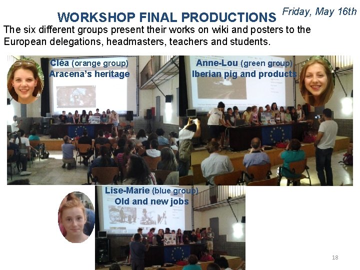 WORKSHOP FINAL PRODUCTIONS Friday, May 16 th The six different groups present their works