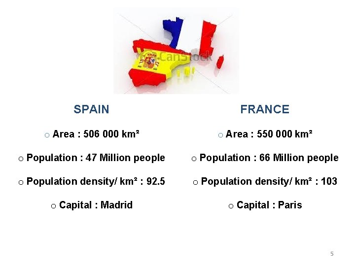 SPAIN FRANCE o Area : 506 000 km² o Area : 550 000 km²
