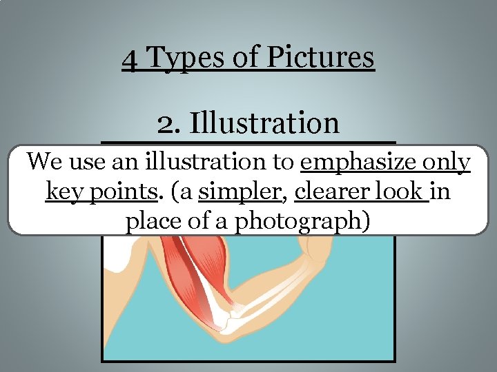 4 Types of Pictures 2. Illustration We use an illustration to emphasize only key