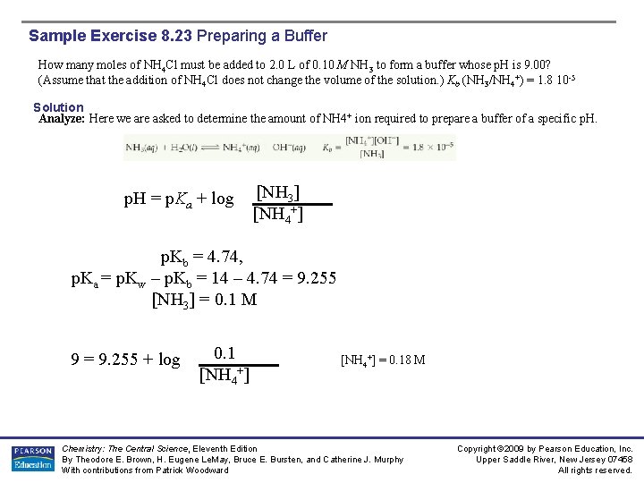 Sample Exercise 8. 23 Preparing a Buffer How many moles of NH 4 Cl