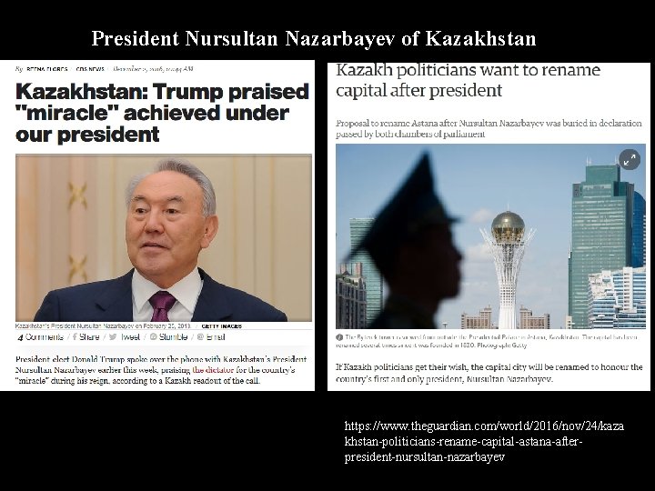 President Nursultan Nazarbayev of Kazakhstan https: //www. theguardian. com/world/2016/nov/24/kaza khstan-politicians-rename-capital-astana-afterpresident-nursultan-nazarbayev 