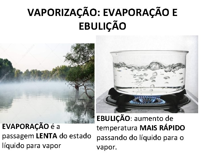 VAPORIZAÇÃO: EVAPORAÇÃO E EBULIÇÃO: aumento de EVAPORAÇÃO é a temperatura MAIS RÁPIDO passagem LENTA