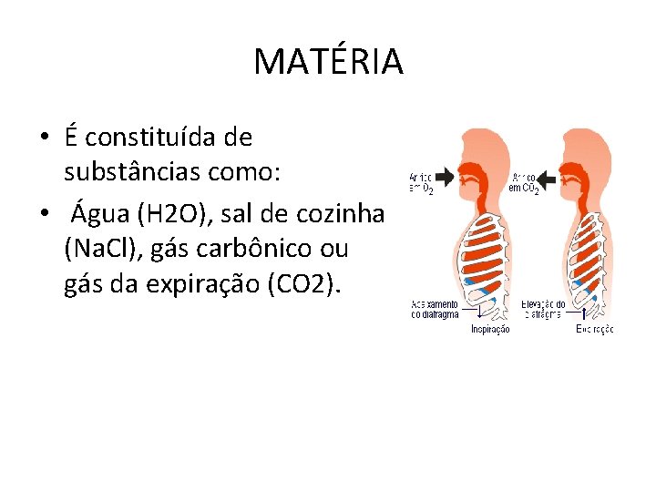 MATÉRIA • É constituída de substâncias como: • Água (H 2 O), sal de