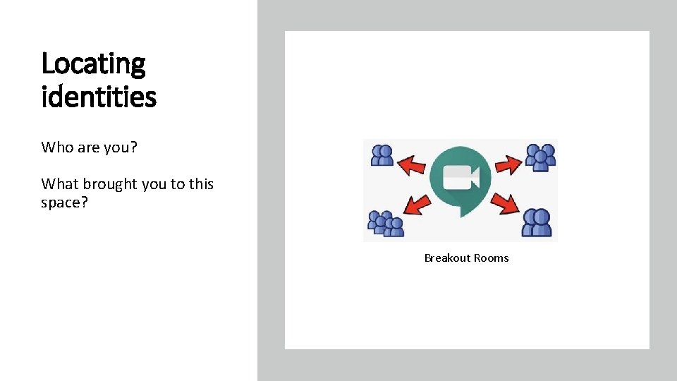 Locating identities Who are you? What brought you to this space? Breakout Rooms 