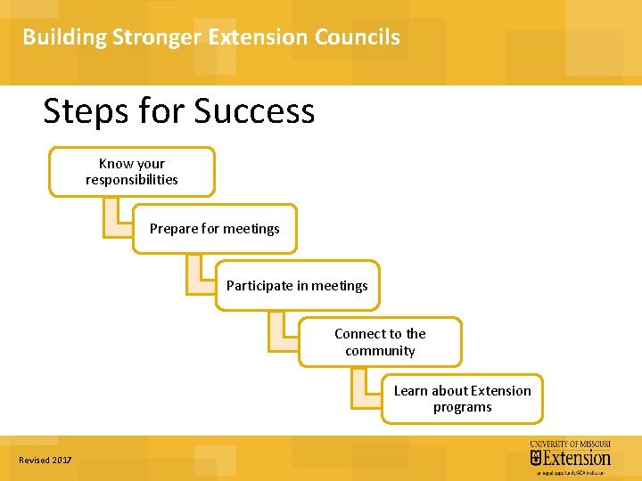 Building Stronger Extension Councils Steps for Success Know your responsibilities Prepare for meetings Participate