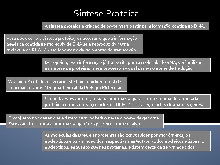 Síntese Proteica A síntese proteica é criação de proteínas a partir da informação contida