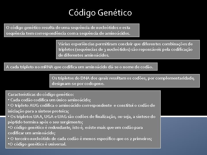 Código Genético O código genético resulta de uma sequência de nucleótidos e esta sequência