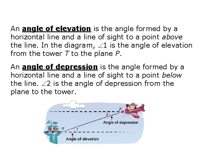 An angle of elevation is the angle formed by a horizontal line and a An angle of elevation is the angle formed by a horizontal line and a
