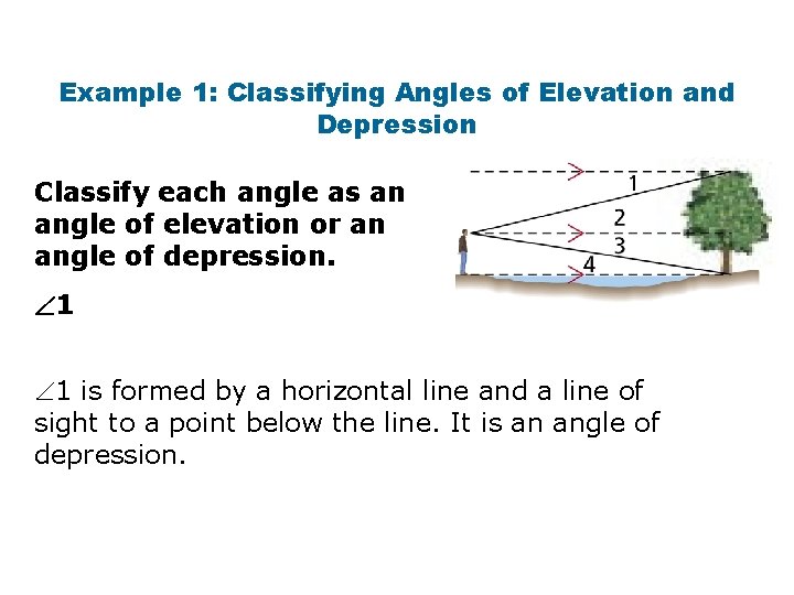 Example 1: Classifying Angles of Elevation and Depression Classify each angle as an angle Example 1: Classifying Angles of Elevation and Depression Classify each angle as an angle