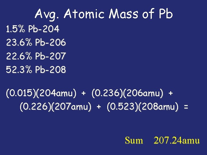 Avg. Atomic Mass of Pb 1. 5% Pb-204 23. 6% Pb-206 22. 6% Pb-207
