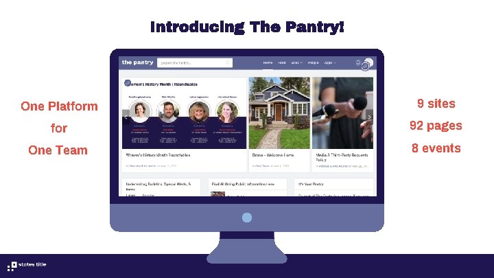 Introducing The Pantry! One Platform 9 sites for 92 pages One Team 8 events Introducing The Pantry! One Platform 9 sites for 92 pages One Team 8 events