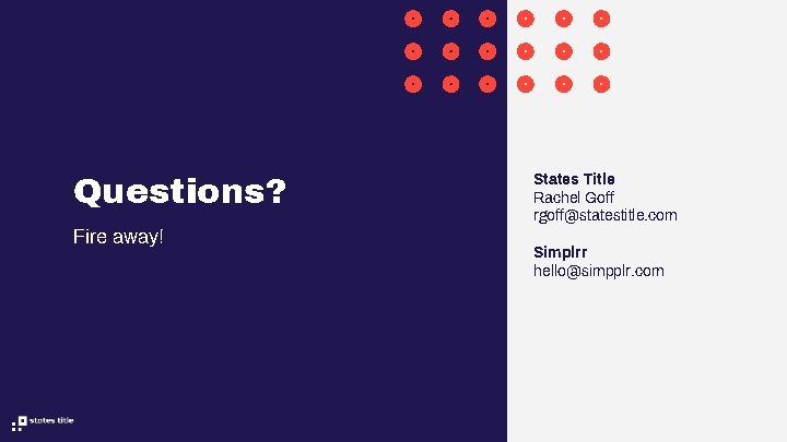 Questions? Fire away! States Title Rachel Goff rgoff@statestitle. com Simplrr hello@simpplr. com Questions? Fire away! States Title Rachel Goff rgoff@statestitle. com Simplrr hello@simpplr. com