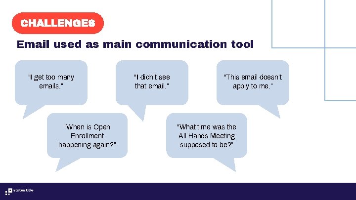 CHALLENGES Email used as main communication tool “I get too many emails. ” “When CHALLENGES Email used as main communication tool “I get too many emails. ” “When