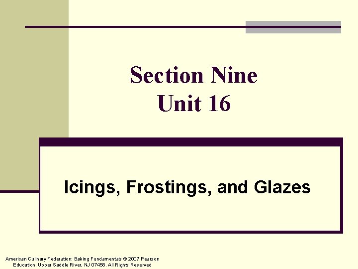 Section Nine Unit 16 Icings, Frostings, and Glazes American Culinary Federation: Baking Fundamentals ©