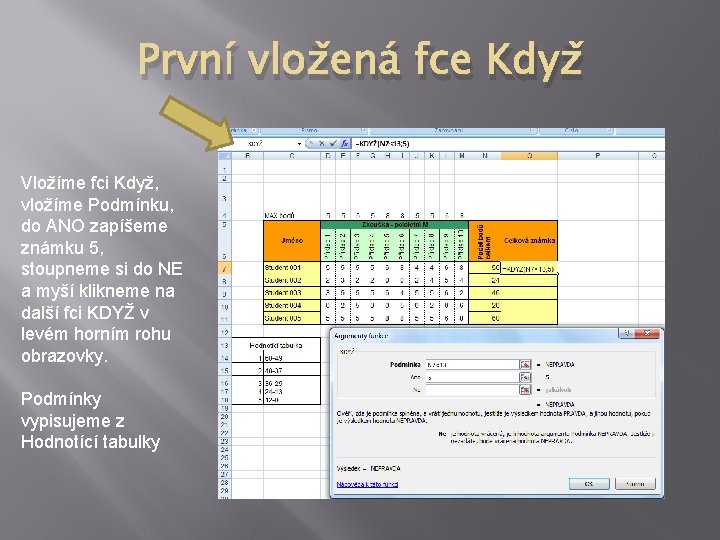 První vložená fce Když Vložíme fci Když, vložíme Podmínku, do ANO zapíšeme známku 5,