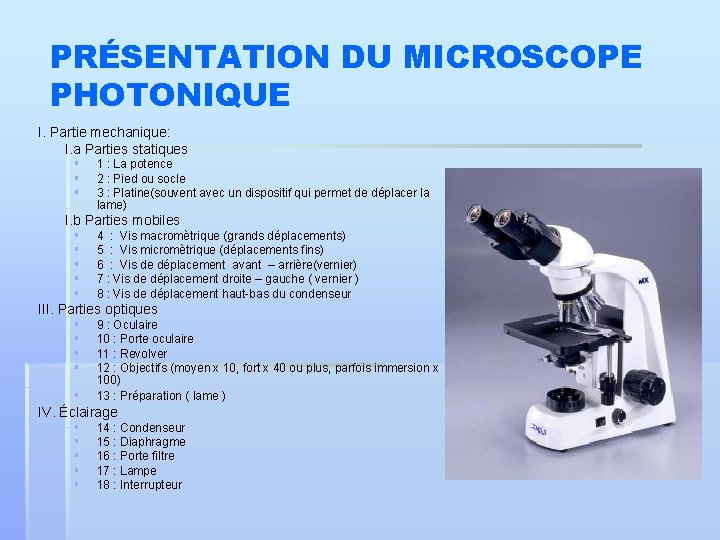 PRÉSENTATION DU MICROSCOPE PHOTONIQUE I. Partie mechanique: I. a Parties statiques § § §