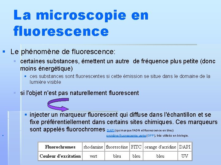 La microscopie en fluorescence § Le phénomène de fluorescence: § certaines substances, émettent un