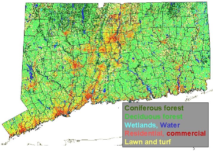 Coniferous forest Deciduous forest Wetlands, Water Residential, commercial Lawn and turf 5 