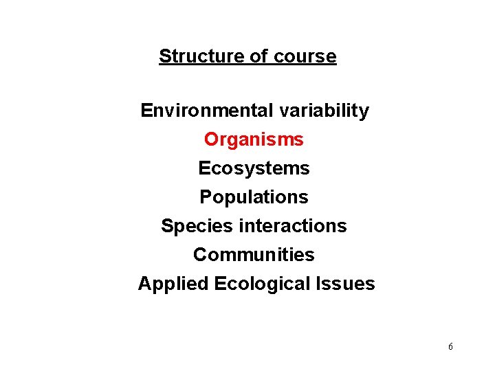 Structure of course Environmental variability Organisms Ecosystems Populations Species interactions Communities Applied Ecological Issues