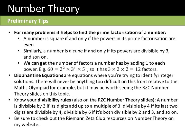 Number Theory Preliminary Tips 