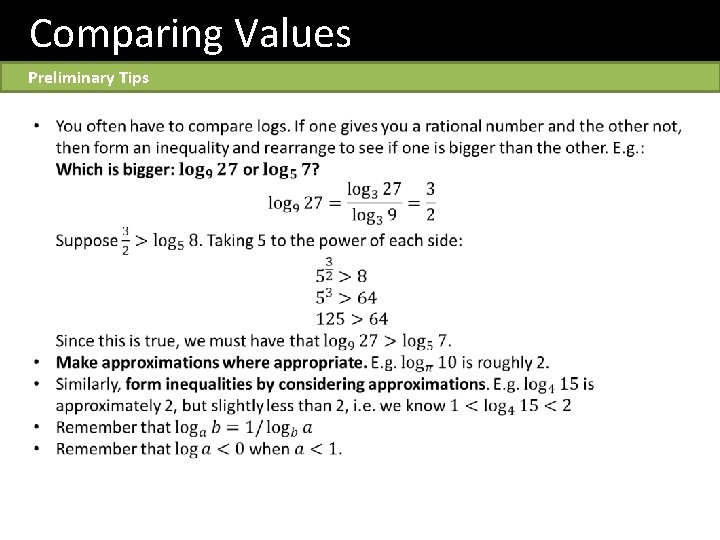 Comparing Values Preliminary Tips 