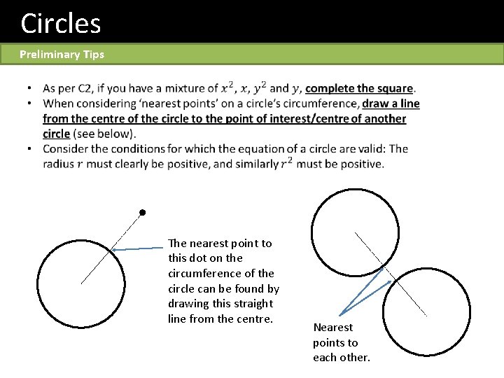 Circles Preliminary Tips The nearest point to this dot on the circumference of the