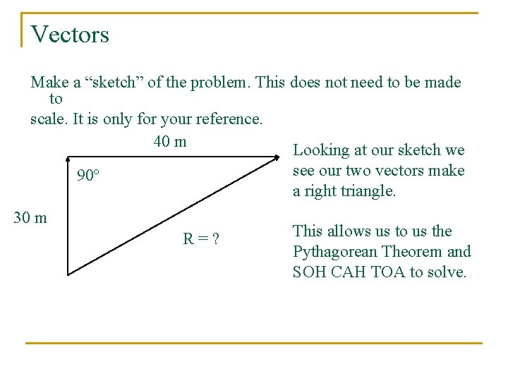 Vectors Make a “sketch” of the problem. This does not need to be made