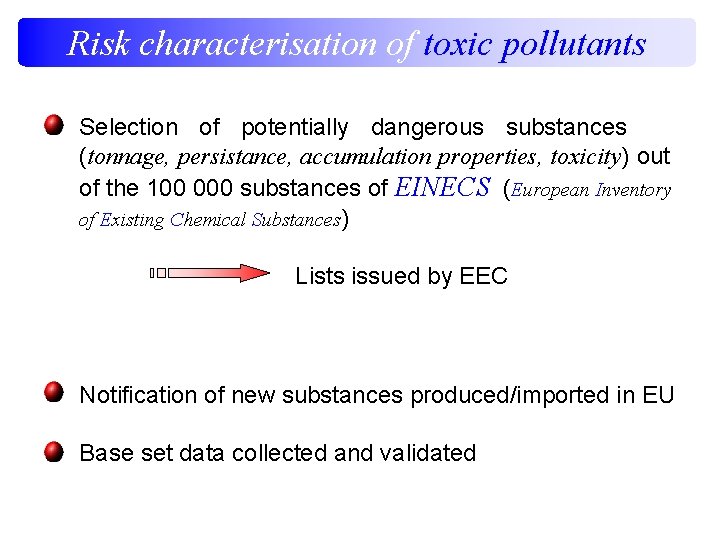 Risk characterisation of toxic pollutants Selection of potentially dangerous substances (tonnage, persistance, accumulation properties,