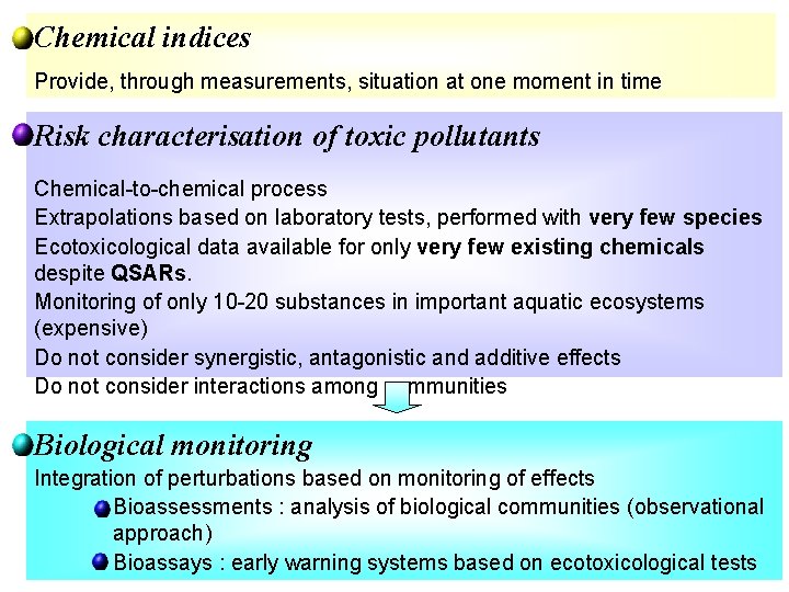Chemical indices Provide, through measurements, situation at one moment in time Risk characterisation of