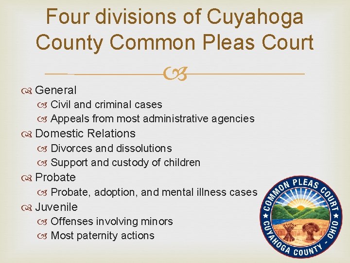Four divisions of Cuyahoga County Common Pleas Court General Civil and criminal cases Appeals