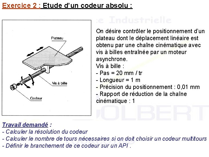 Exercice 2 : Etude d’un codeur absolu : On désire contrôler le positionnement d’un Exercice 2 : Etude d’un codeur absolu : On désire contrôler le positionnement d’un