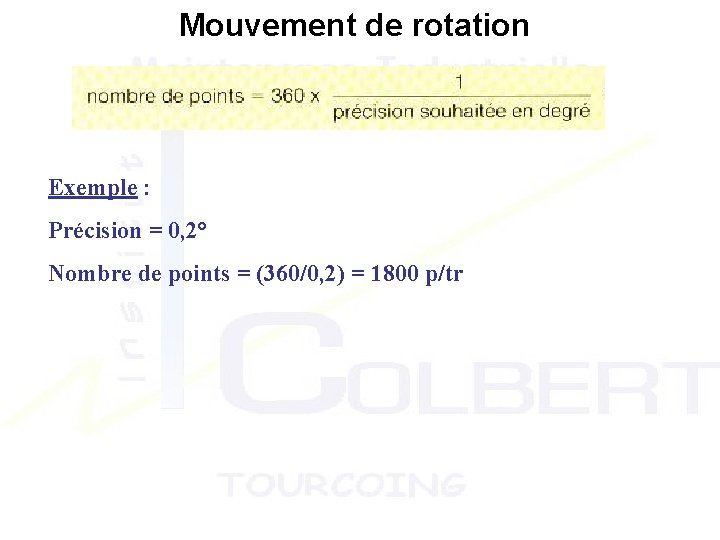 Mouvement de rotation Exemple : Précision = 0, 2° Nombre de points = (360/0, Mouvement de rotation Exemple : Précision = 0, 2° Nombre de points = (360/0,